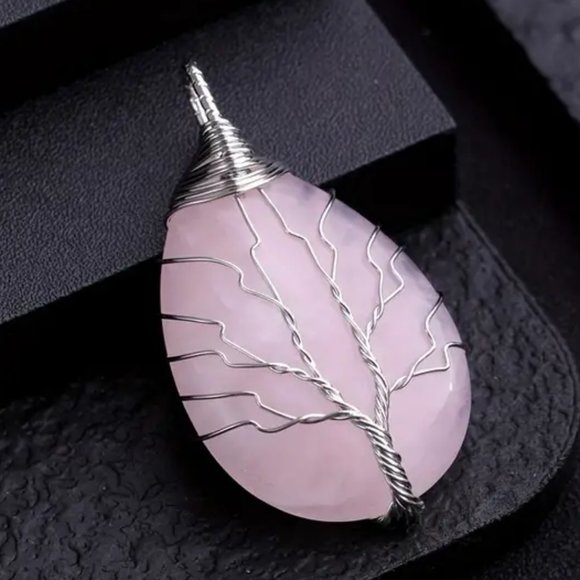 Rose Quartz Natural Gemstone Tree Of Life Wire Wrap Pendant Necklace - Picture 2 of 2